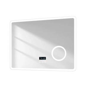 Rechteckiger Emke Badspiegel mit LED-Beleuchtung, digitaler Zeitanzeige, Touch-Steuerung, 3x Vergrößerung & Bluetooth. Dimmbar, beschlagfrei.