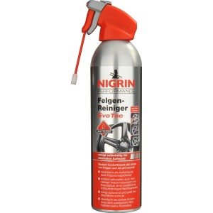 Nigrin Felgenreiniger EvoTec Aerosol 500ml zur Autopflege. Silberne Sprühflasche mit rotem Sprühkopf.