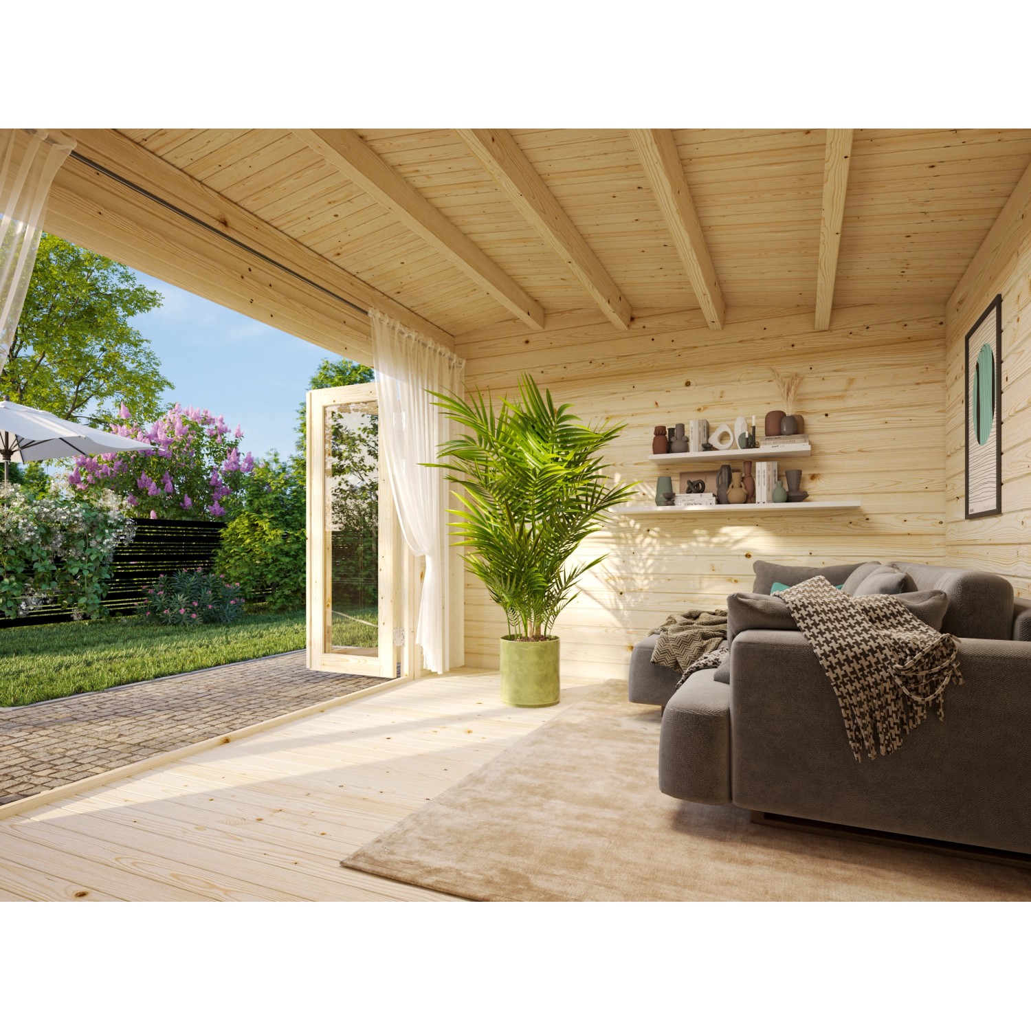 Innenansicht: Hellgrau-anthrazit lackiertes Palmako Gartenhaus Ines mit Falttür und Einrichtung.