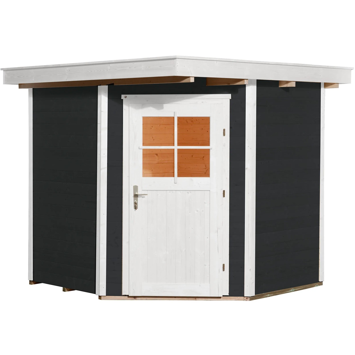 Weka Holz-Gartenhaus Angolo A, Flachdach, anthrazit, 209x205 cm. Gartenhaus mit weißer Tür.