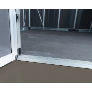 Detailaufnahme: Eingang zum Palram Metall-Gerätehaus Yukon, anthrazitfarben, 17,2 m².