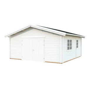 Weiße Palmako Garage Roger mit Holztor, Fenster und Tür. Fertiggarage aus Holz.