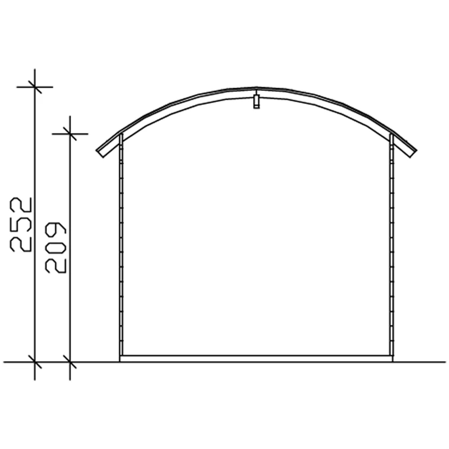 Technische Zeichnung Skan Holz Gartenhaus Delft, 250x250 cm, Seitenansicht mit Höhenangaben.
