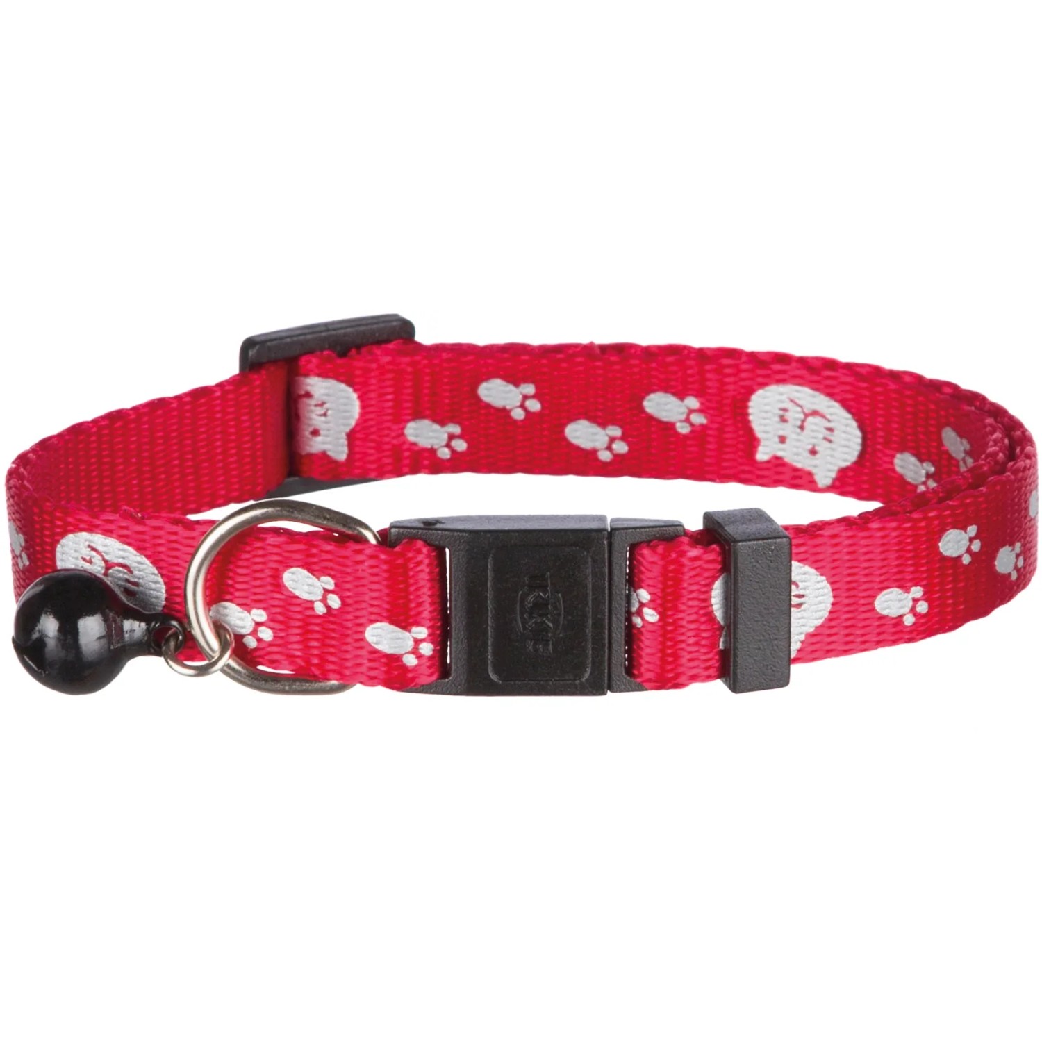 Reflektierendes, rotes Trixie Katzenhalsband aus Nylon mit Glöckchen und Katzenmotiven.