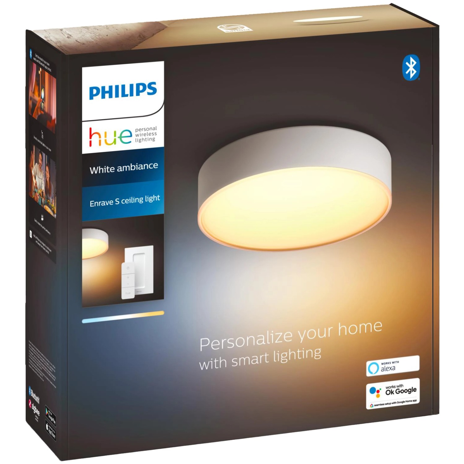 Verpackung der weißen, runden Philips Hue Enrave Deckenleuchte mit Dimmer und warmweißem Licht.