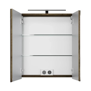 Offener Pelipal Spiegelschrank Quantum 07, Eiche Ribbeck Quer, mit LED-Leuchte und Glaseinlegeböden.