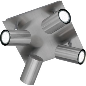 Nickel-farbiger Trio Spot mit 4 Strahlern, geeignet für GU10 Leuchtmittel.