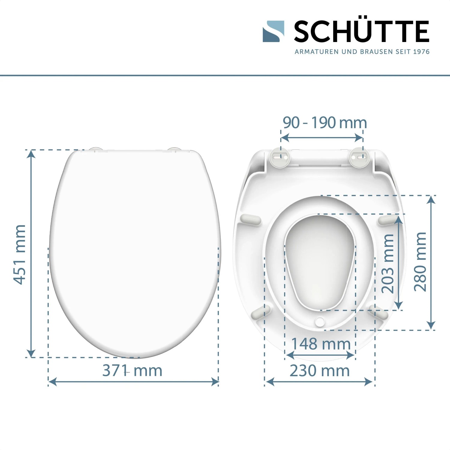 Maße des weißen Schütte WC-Sitz Family Duroplast mit Absenkautomatik und Schnellverschluss.