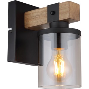 Moderne Wandlampe von Globo, schwarz matt mit Rauchglas und Holzelement.
