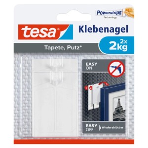 Tesa Klebenagel für Tapeten und Putz, 2x 2kg, in weißer Verpackung. Zeigt bohrfreie Anwendung und spurloses Entfernen.