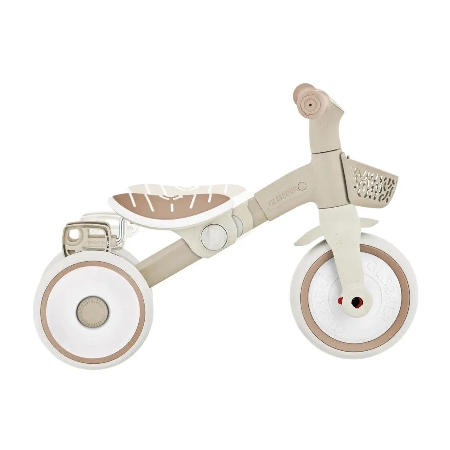 Globber Learning Trike 2in1, taupefarbenes Kinder-Dreirad mit höhenverstellbarem TPR-Sattel und Korb.