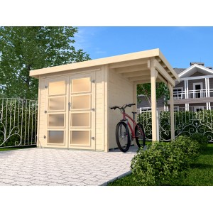 Unbehandeltes Weka Holz-Gartenhaus Pesaro mit Flachdach und Anbau, Tür mit Fenstern und Fahrrad