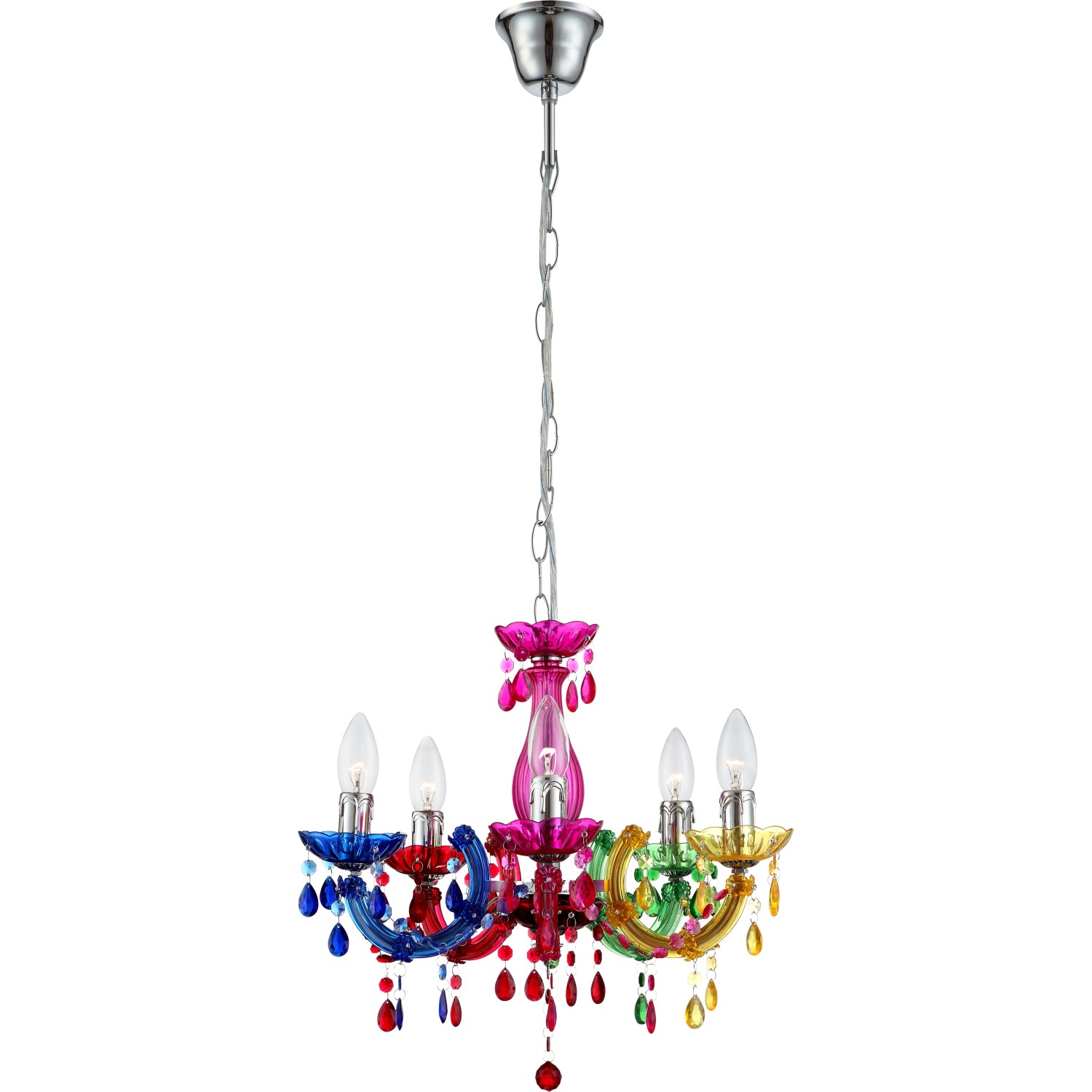 Bunter Globo Kronleuchter Cuimbra II mit Acrylglas in Chrom und Multicolor, 5xE14 Fassungen.