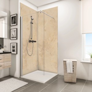 Begehbare Dusche mit Schulte DecoDesign Duschrückwand Kalkstein-Hell, 255x100 cm. Moderner Fliesenersatz im Bad.