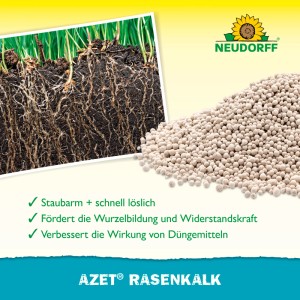 Neudorff Azet Rasenkalk: Detailaufnahme von Kalkgranulat und Wurzelwachstum im Boden.