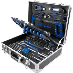 LUX-TOOLS Werkzeugkoffer 155-tlg. aus Aluminium, offen mit Chrom-Vanadium-Stahl Werkzeugen: Ratschen, Schraubendreher, Zangen.