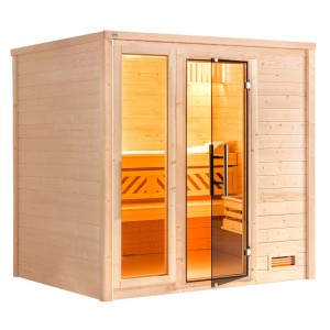 Weka Massivholzsauna Bergen 2 Sparset mit Glastür und Fenster. Kompakte Sauna aus Fichtenholz.