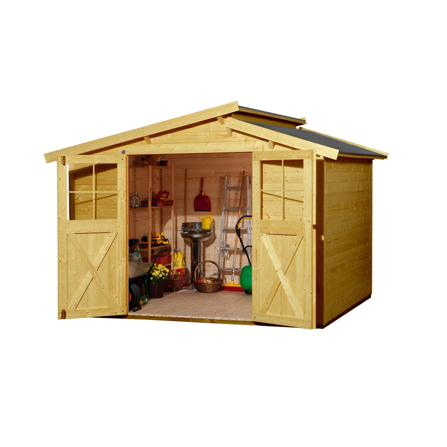 Weka Holz-Gartenhaus mit Pultdach, lasiert, 273 cm breit, mit geöffneten Doppeltüren und Gartengeräten im Inneren.