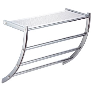 Badregal Anaga aus Chrom mit 3 Handtuchstangen und Ablage für Badutensilien.