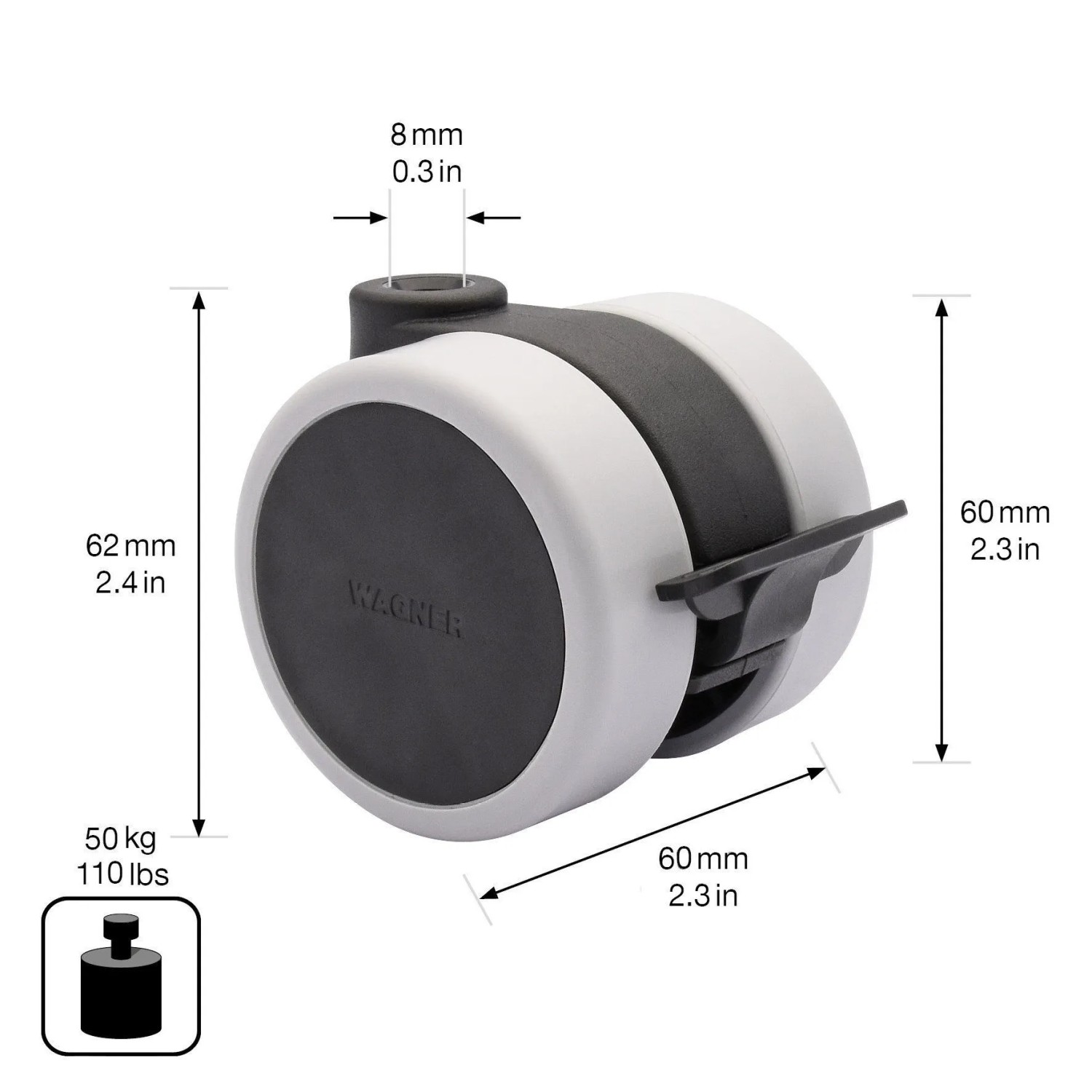Wagner Möbel-Doppelrolle Soft, Ø 6 cm, schwarz, mit Feststeller und Softlauffläche für empfindliche Böden.