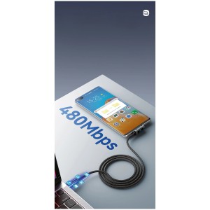 Schwarzes USB-Ladekabel DC-280 (1,2 m) verbindet Laptop und Smartphone für Datenübertragung.