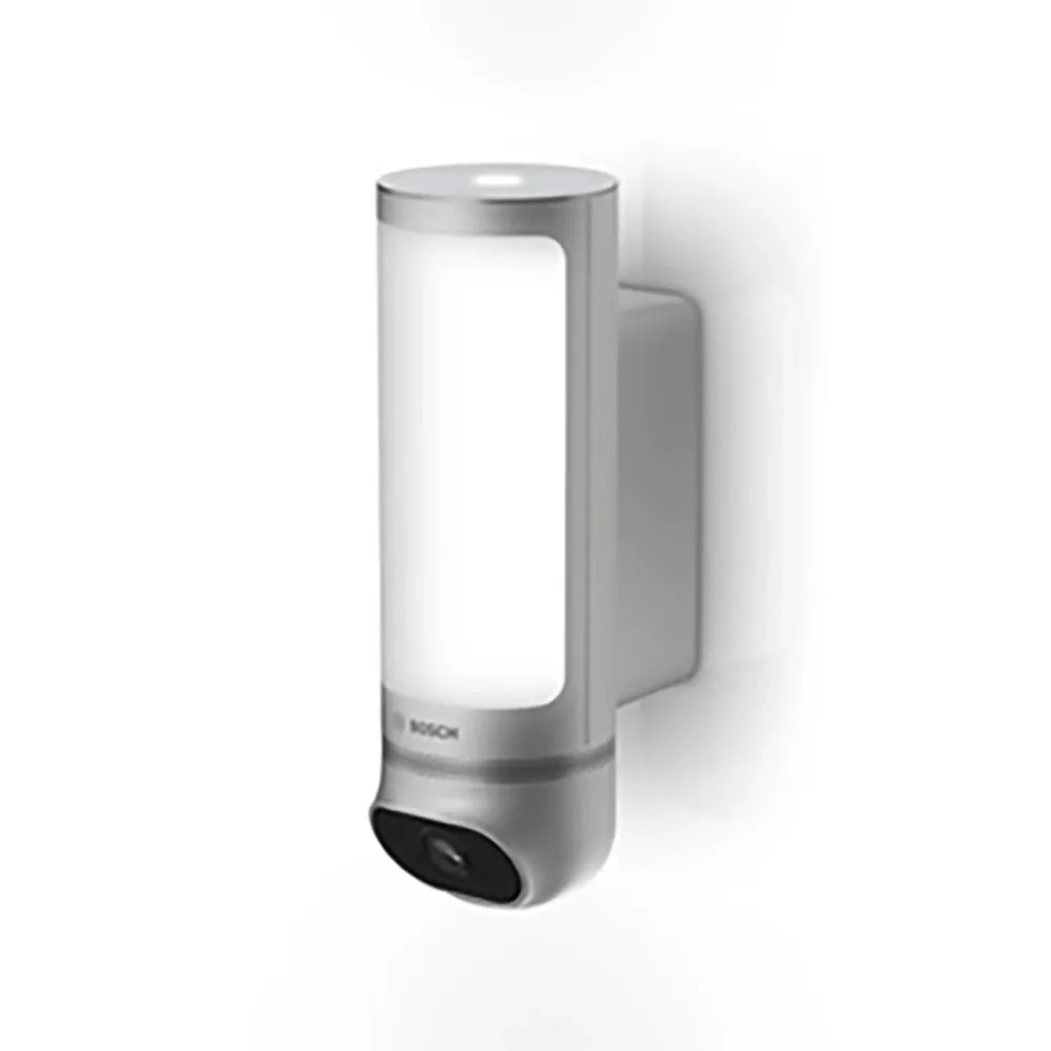 Bosch Smart Home Eyes II Außenkamera in Silber mit integrierter Beleuchtung.