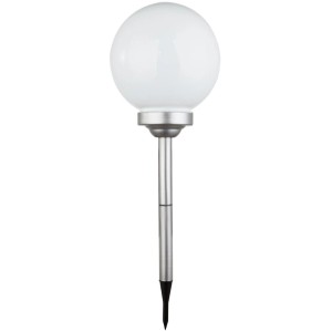 Globo LED-Solaraußenleuchte mit weißer Kugel (Ø 25cm) und silbernem Erdspieß.