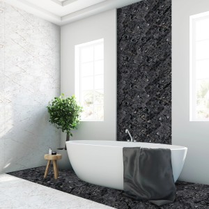 Badezimmer mit grauer Marmor Optik Bodenfliese Wave Feinsteinzeug 60x60.