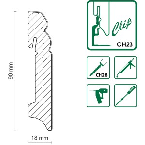 Profilzeichnung: Weiße FN Neuhofer Sockelleiste FU089L, 18x90x2400 mm, MDF foliert, Clip-Montage.