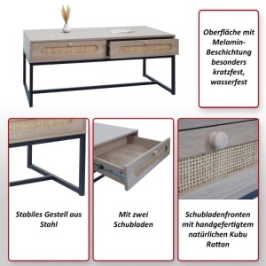 Couchtisch M41 mit Rattan-Schubladen und Stahlgestell.