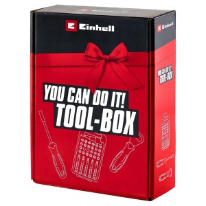 Rote Einhell Toolbox You can do it 1.0 Geschenkbox mit 32-teiligem Bit-Set, Schraubendreher und Flaschenöffner.