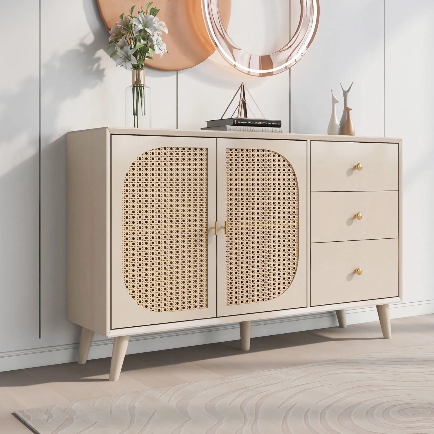 okwish Sideboard mit Türen Schubladen Wohnzimmer 120x40x80cm Beige_2