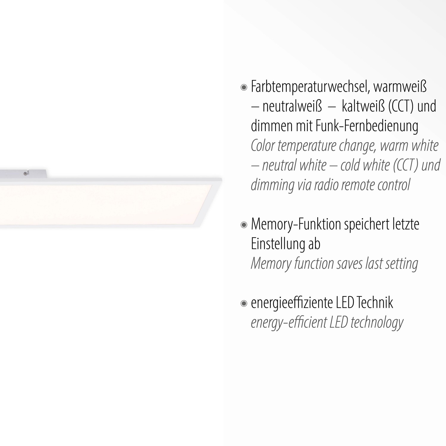 Dimmbare, weiße LED-Deckenleuchte, 100x25 cm, für flexible Beleuchtung.