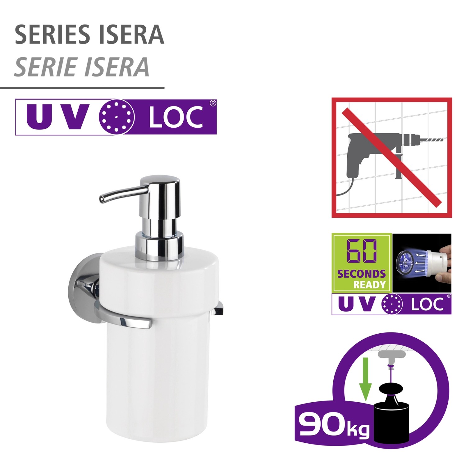 Wenko Isera Seifenspender mit UV-Loc® Befestigung, 360ml, silber glänzend.