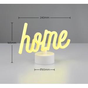 Weiße LED-Tischleuchte Casa mit gelbem "Home" Schriftzug, batteriebetrieben, für gemütliches Licht.