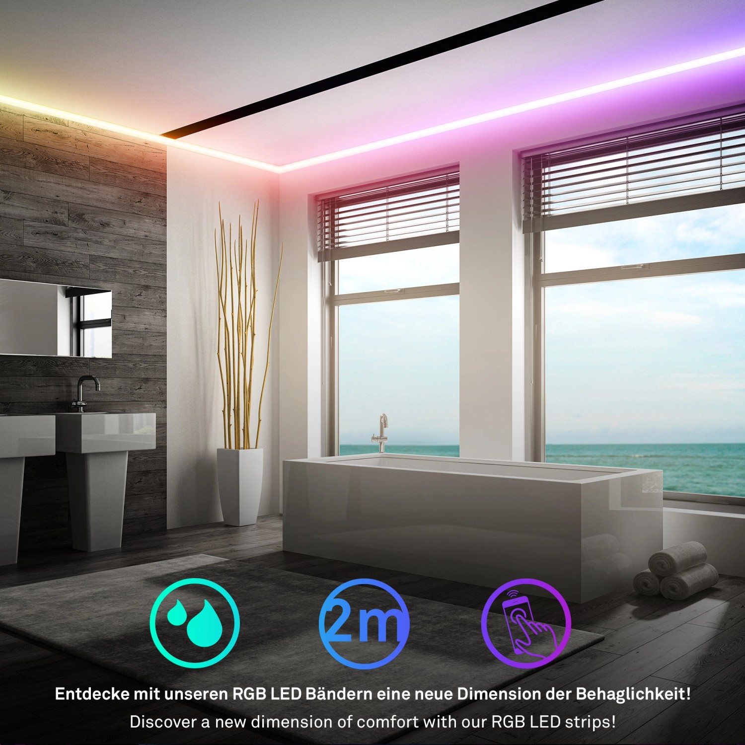 Briloner LED-Band Starter-Set im Bad mit RGB/W-Funktion, 2 m, smarte Steuerung.
