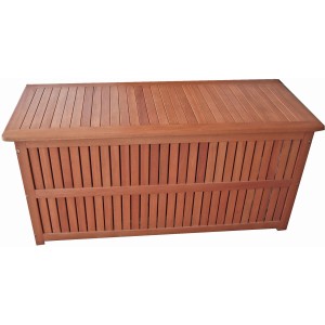 Auflagenbox Plano aus Eukalyptusholz mit Folieninnentasche zur Aufbewahrung von Gartenauflagen.