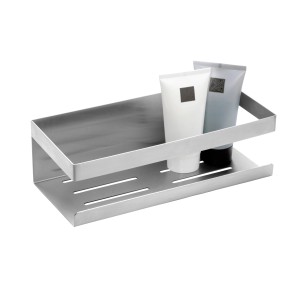 Schöner Wohnen Wandablage Meleto aus Edelstahl, matt, mit zwei Kosmetikprodukten.