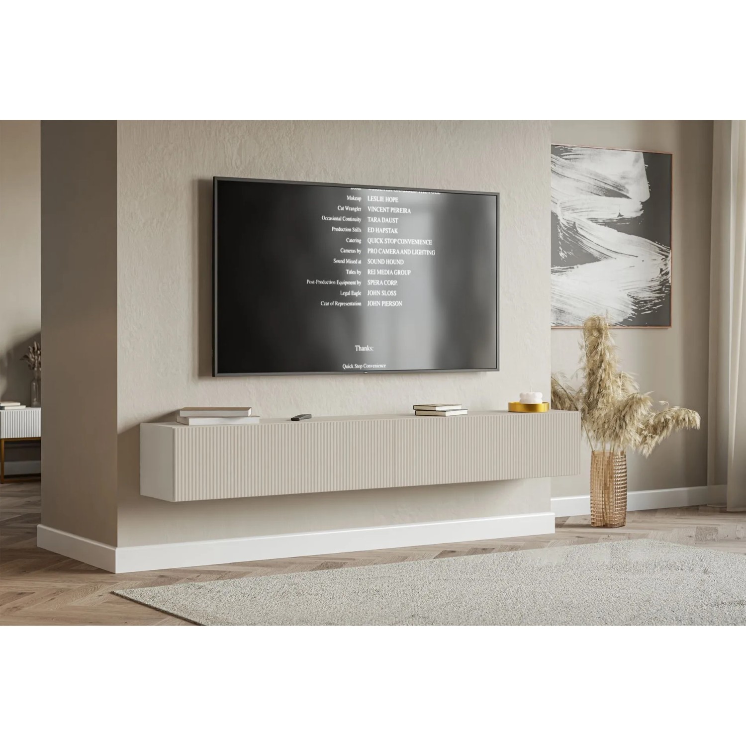 Selsey Veldio TV-Hängeboard Greige mit geriffelter Lamellenfront unter TV. Modernes, wandhängendes TV-Lowboard für Wohnzimmer.