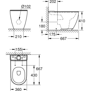 Technische Zeichnung: Grohe Essence Stand-WC-Kombination, spülrandlos, Tiefspüler, Abgang universal, PureGuard.