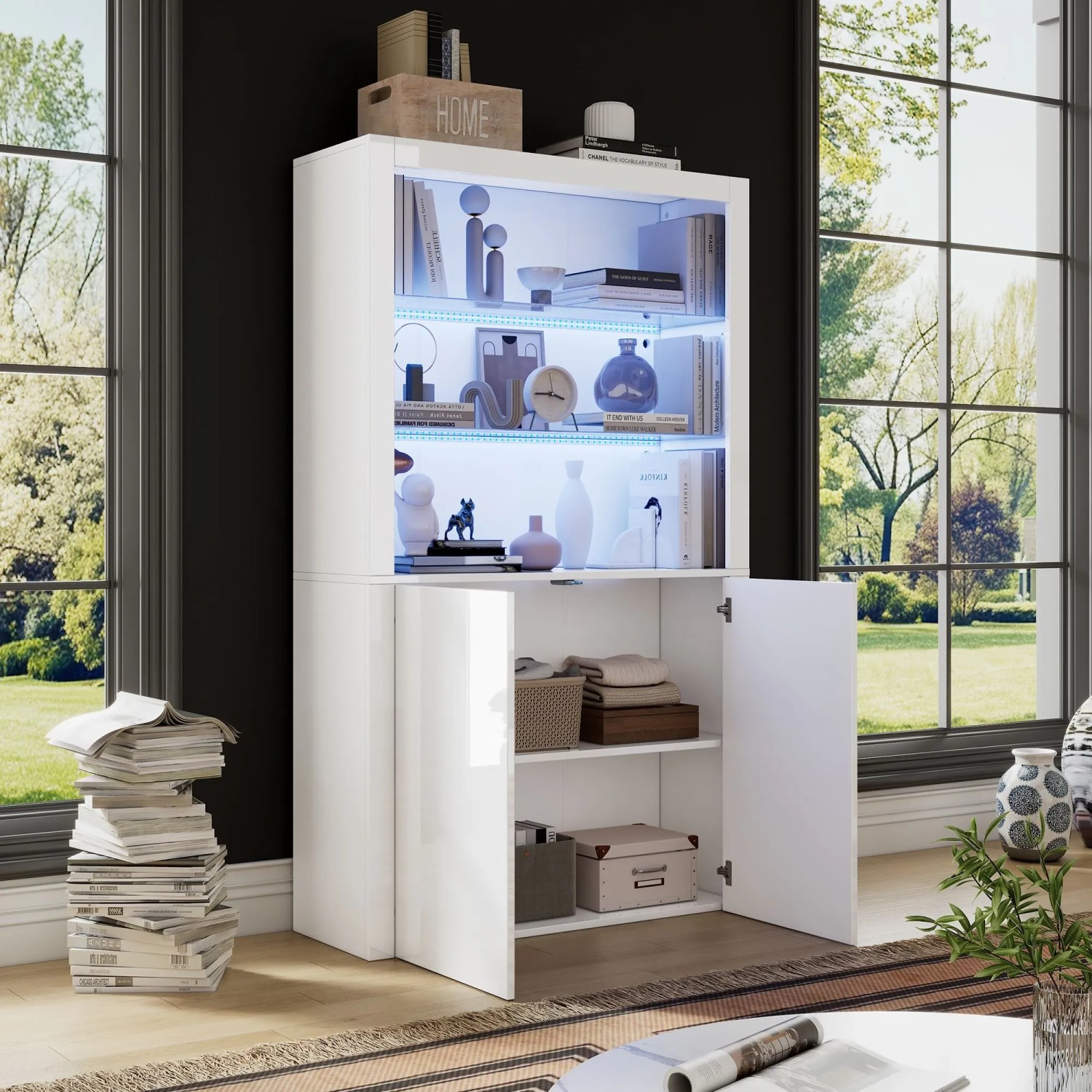 okwish Sideboard mit LED Beleuchtung Glasböden Aufbewahrungsschrank 100x35x170cm Weiß_2
