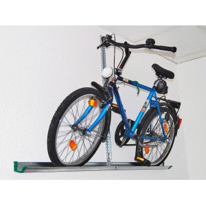 Eufab Fahrrad Wandhalter mit Schiene und blauem Fahrrad zur platzsparenden Aufbewahrung.