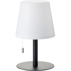 Weiße Brilliant Tischleuchte Punto, 26 cm, mit schwarzem Fuß für den Außenbereich.