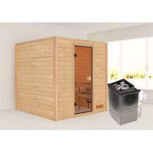 Karibu Sauna Jara Set aus Fichte mit Ofen (9 kW) und integrierter Steuerung.
