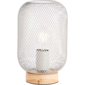 Helle Design-Tischlampe Giada mit Metallgitter und Holzfuß, 26,5 cm hoch.