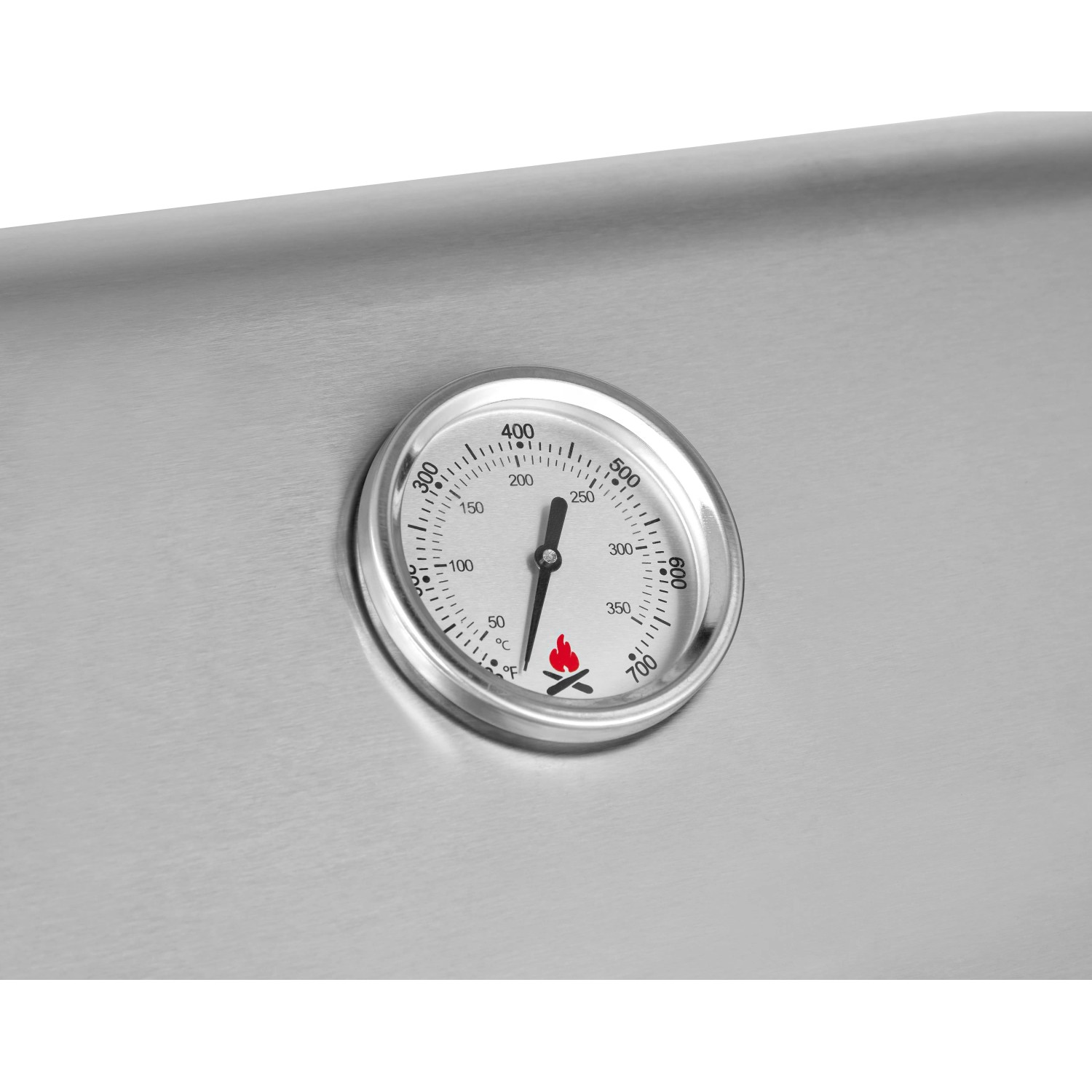 Detailaufnahme: Deckelthermometer des Jamestown Kane 6 Gasgrills. Temperaturanzeige in Grad.
