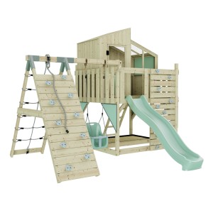 Holz-Spieltürm mit Rutsche, Kletterwand und mintgrüner Babyschaukel.