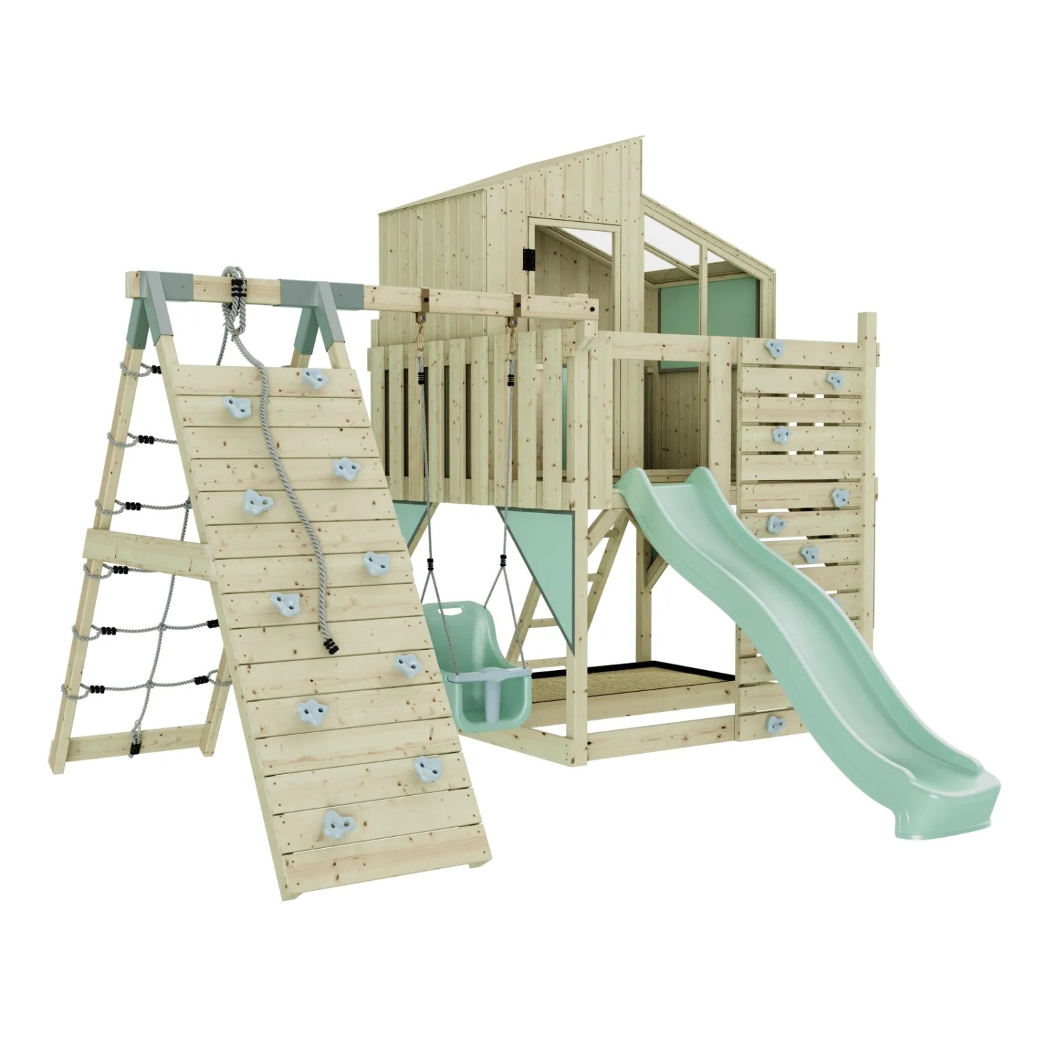 Holz-Spieltürm mit Rutsche, Kletterwand und mintgrüner Babyschaukel.