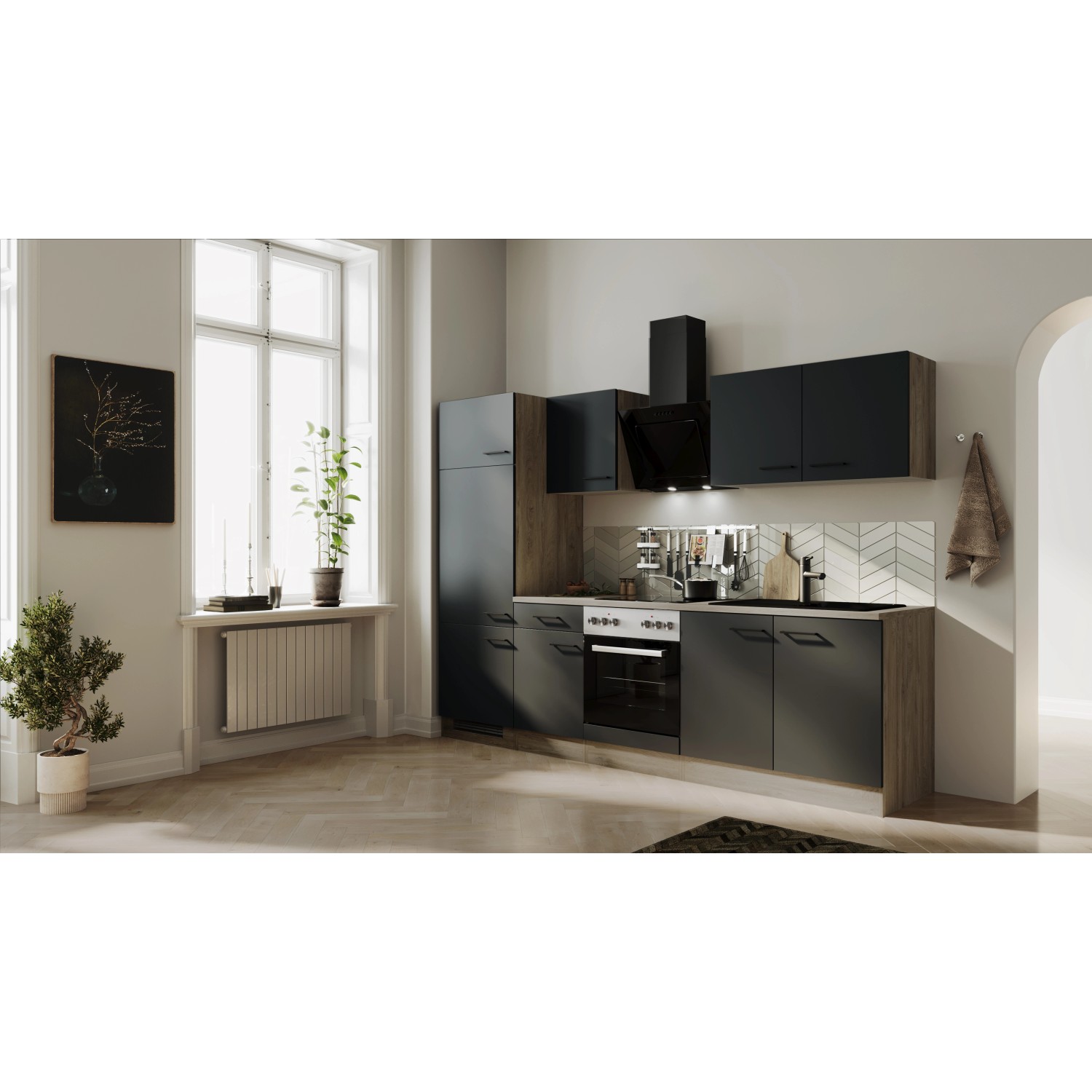 Flex-Well Exclusiv Küchenzeile Capri 270 cm Schwarz Matt-Endgrain Oak_5