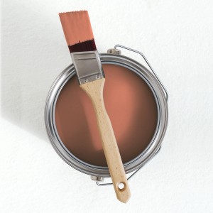 Draufsicht: Dose V&CO Innenfarbe Dead Flat Matt Orange mit Pinsel. Bunte Wandfarbe.